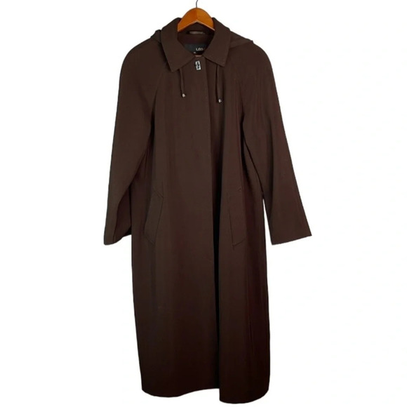 UTEX Hooded Trench Coat Brown Raglan Sleeves Pockets Padded Shoulders Classic 12 - Picture 2 of 14
